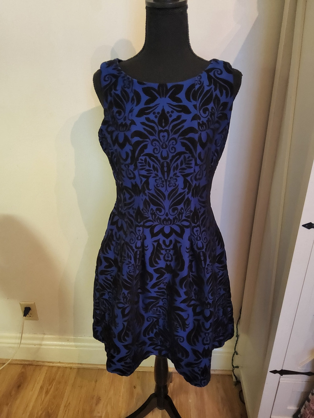 Gabby Skye Royal Blue & Black Damask Fit-and-Flare Mini Dress